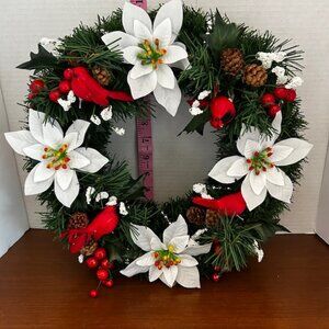 Winter Door Wreath White Flowers Red Cardinals – 14” Evergreen Pine